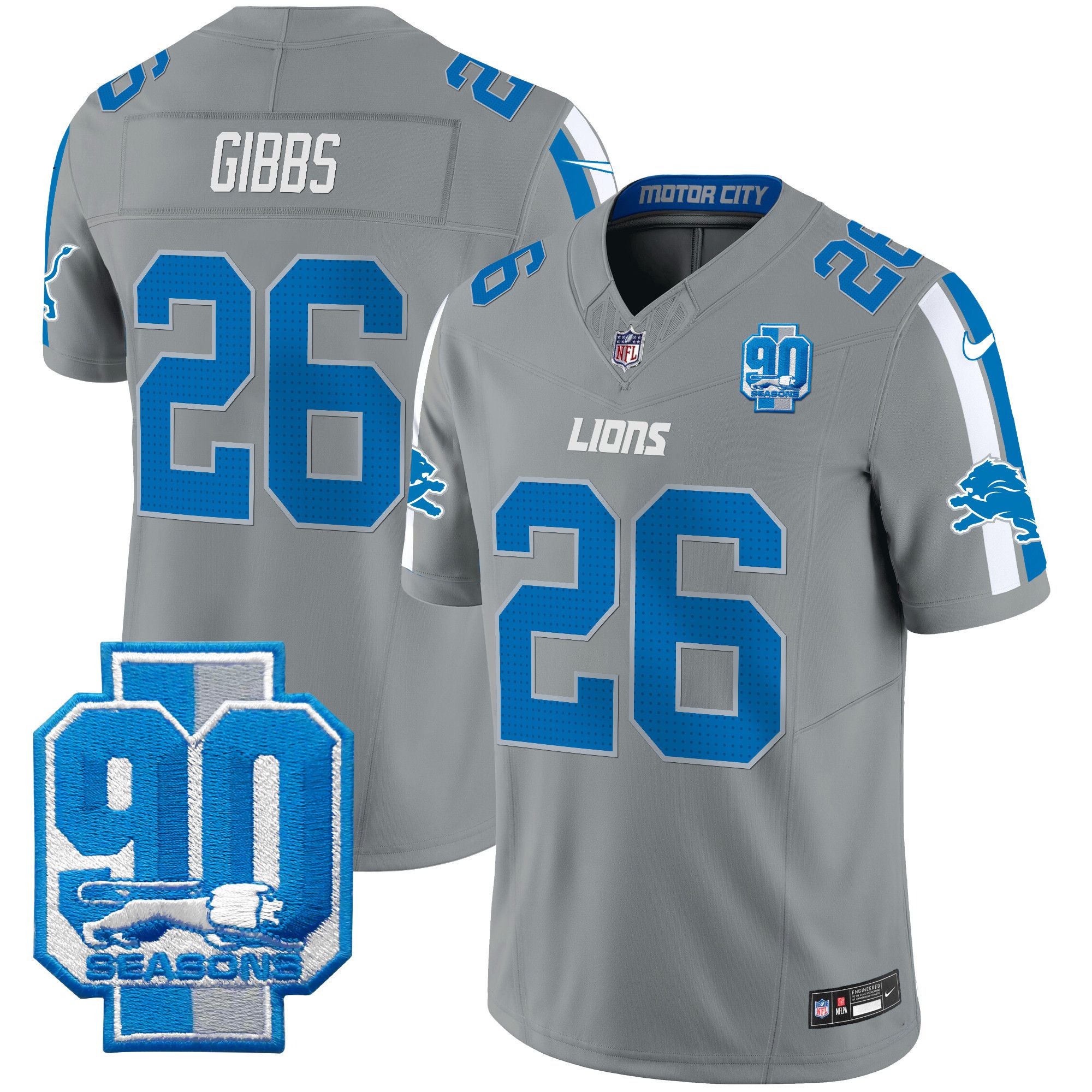 Men Detroit Lions #26 Gibb Grey 2024 Nike 90th Year Patch Vapor Limited NFL Jersey